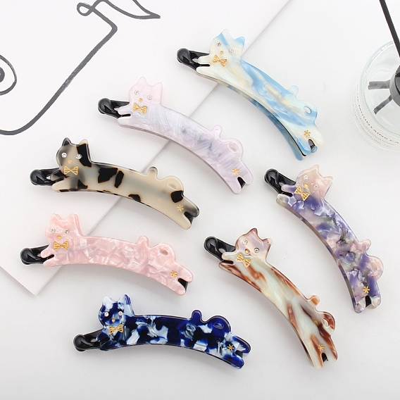 Cute Cat Cellulose Acetate Banana Hair Clips, with Rhinestone, Hair Accessories for Girls