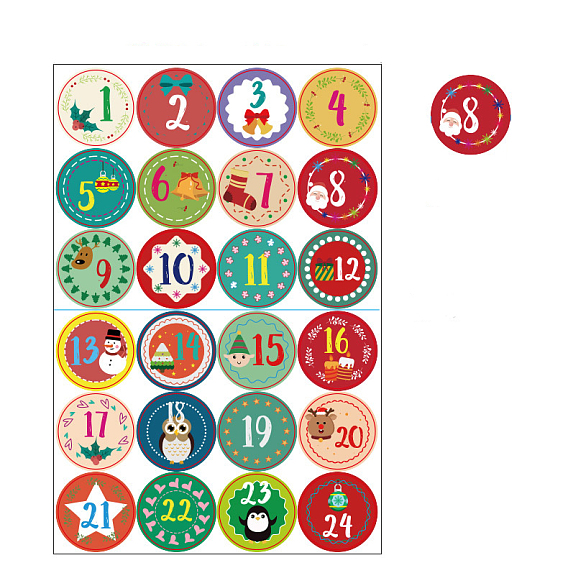 Number 1~24 Christmas Paper Self Adhesive Stickers, Round Dot Decals for Christmas Gift Sealing