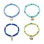 4Pcs 4 Style Handmade Polymer Clay Disc Surfer Stretch Anklets Set, Brass Fish & Shell & Starfish & Sea Horse Charms Stackable Anklets for Women