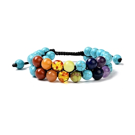 Rundes geflochtenes Perlenarmband aus synthetischem Türkis (gefärbt) und gemischten Steinen für Mädchen, 7 Chakra 3 Schichtarmband