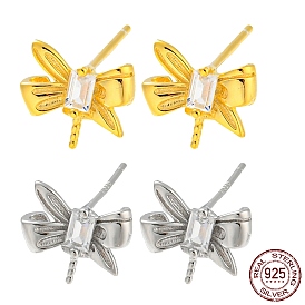 Butterfly 925 Sterling Silver with Clear Cubic Zirconia Stud Earring Findings, for Half Drilled Beads, with S925 Stamp
