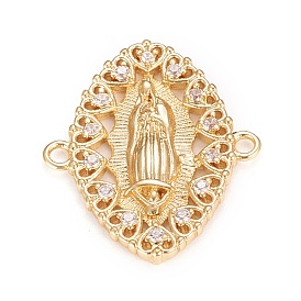 Brass Micro Pave Clear Cubic Zirconia Links Connectors, Long-Lasting Plated, for Religion, Oval with Virgin Mary & Heart, Clear