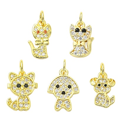 10шт. 5 стили: подвески из латуни с микропаве и прозрачными кубическими циркониями в виде собак и кошек, без кадмия и без свинца