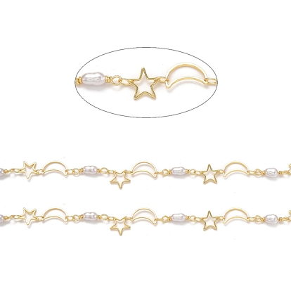 Handmade Brass Link Chains, with Acrylic Imitation Pearl and Spool, Long-Lasting Plated, Soldered, Moon & Star