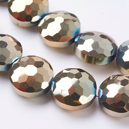 Electroplate Glass Beads Strands, Full Plated, Faceted, Flat Round