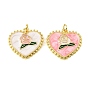 Brass Enamel Pendants, Heart with Flower Charms, Real 18K Gold Plated