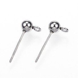 304 Stainless Steel Ball Stud Earring Findings, with Loop
