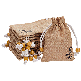 20 пакеты мешковинные упаковочные, шнурок сумки, с деревянных бусин, прямоугольные