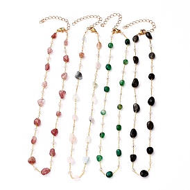 Nuggets Natural Gemstone Beaded Necklaces, with Glass Beads, Brass Cable Chains and 304 Stainless Steel Lobster Claw Clasps