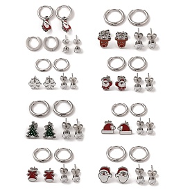 3 Pairs 3 Styles Christmas 304 Stainless Steel Hoop & Studs Earrings Set for Women, with Enamel & Cubic Zirconia, Stainless Steel Color