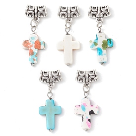 5Pcs 5 Colors Synthetic Turquoise(Dyed) Pendants, Cross Charms with Tibetan Style Alloy Hangers, Antique Silver