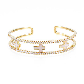 Enamel Cross Open Cuff Bangle with Clear Cubic Zirconia, Real 18K Gold Plated Brass Jewelry for Women