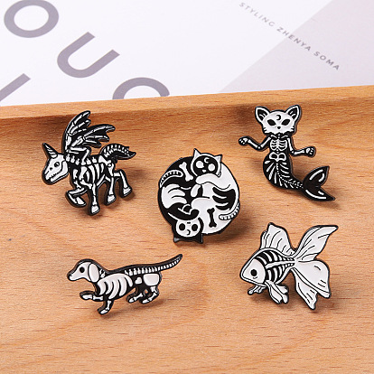 Halloween Cat Dog Skeleton Enamel Pin Set with Alloy Accessories