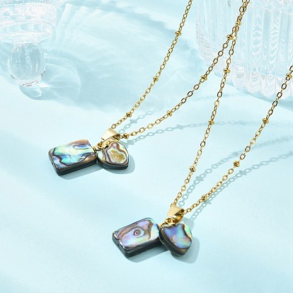 Natural Paua Shell Rectangle Heart Pendant 304 Stainless Steel Satellite Chain Necklaces for Women