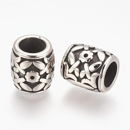 304 Stainless Steel Beads, Large Hole Beads, Column with Flower