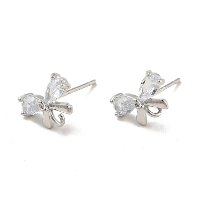 Bowknot Rack Plating Brass Micro Pave Cubic Zirconia Stud Earring Findings, with Vertical Loop, Long-Lasting Plated, Cadmium Free & Lead Free