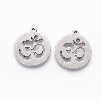 201 Stainless Steel Pendants, Manual Polishing, Flat Round with Ohm/Aum