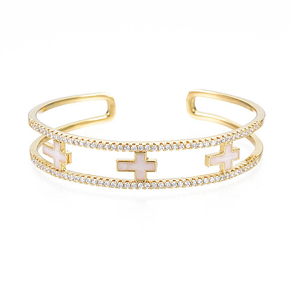 Enamel Cross Open Cuff Bangle with Clear Cubic Zirconia, Real 18K Gold Plated Brass Jewelry for Women