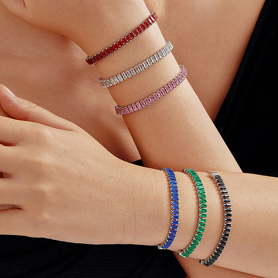 Регулируемые браслеты-слайдеры из латуни с паве из кубических цирконий, теннисные браслеты для женщин, прямоугольные