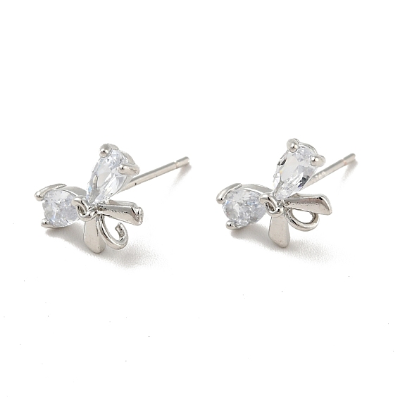 Bowknot Rack Plating Brass Micro Pave Cubic Zirconia Stud Earring Findings, with Vertical Loop, Long-Lasting Plated, Cadmium Free & Lead Free