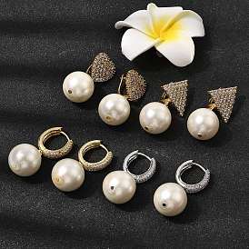 Латунные серьги-кольца из прозрачного кубического циркония, с подвесками из стеклянных жемчужин, долговечный, стойки покрытие, без свинца и без кадмия