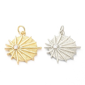 Латунные микропаве прозрачные подвески с фианитом, долговечный, плоские круглые с солнцем