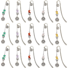 15 шт. 5 стили закладки из сплава в тибетском стиле, с натуральным розовым кварцем, зеленым авантюрином, южным красным агатом и топазом из нефрита, подсолнух и бабочка