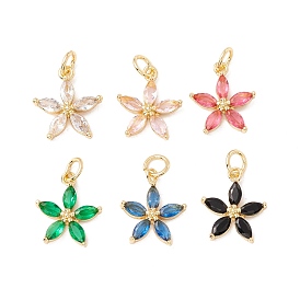 Brass Micro Pave Cubic Zirconia Pendants, with Jump Rings, Cadmium Free & Lead Free, Long-Lasting Plated, Flower