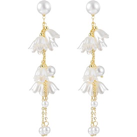 Flower Plastic Imitation Pearl Dangle Stud Earrings, Golden Alloy Chains Tassel Earrings