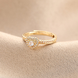 Регулируемые кольца из латуни с паве из кубического циркония для женщин, сердце