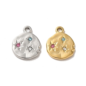 304 Stainless Steel Pendants, with Colorful Rhinestone, Flat Round with Star Charm