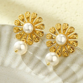 304 Stainless Steel Stud Earrings, with Shell Pearl for Women, Flower