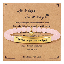 Natural Rose Quartz Bead Stretch Bracelets, Alloy Word Love & Support Surround You Heart Bracelets for Women