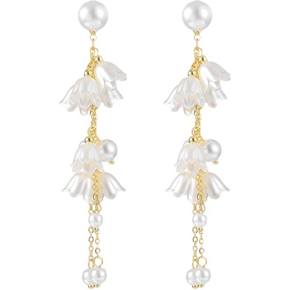 Boucles d'oreilles pendantes en plastique, imitation perle, fleur, boucles d'oreilles à pampilles et chaînes en alliage doré