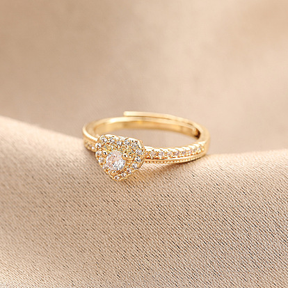 Регулируемые кольца из латуни с паве из кубического циркония для женщин, сердце