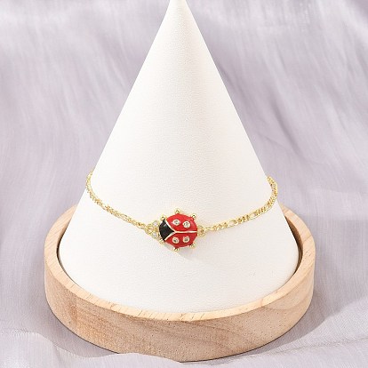 Bracelets en laiton pavé de zirconiums cubiques et émail rouge en forme de coccinelle pour femmes, crémaillère plaquage, plaqué longue durée, sans cadmium et sans plomb