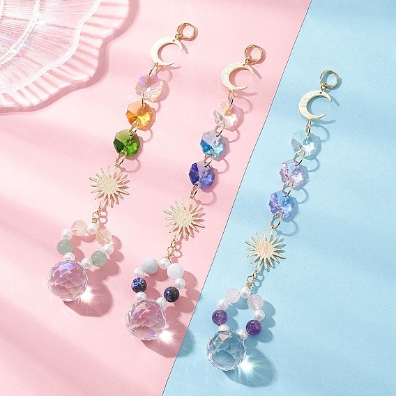 Стеклянные подвесные ловцы солнца, с латунными подвесками и бусинами из драгоценных камней, создатель радуги, для наружного украшения сада