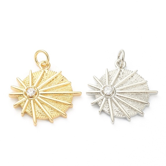 Латунные микропаве прозрачные подвески с фианитом, долговечный, плоские круглые с солнцем