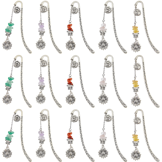 15 шт. 5 стили закладки из сплава в тибетском стиле, с натуральным розовым кварцем, зеленым авантюрином, южным красным агатом и топазом из нефрита, подсолнух и бабочка