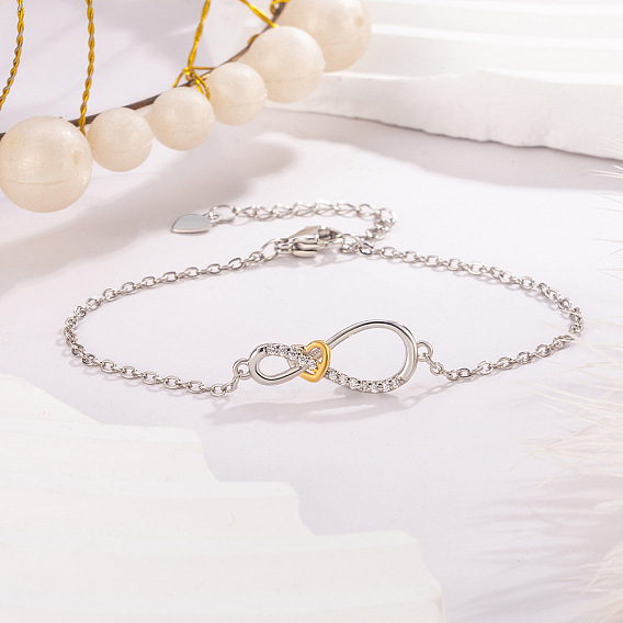 Duo Tone Brass Micro Pave Clear Cubic Zirconia Heart Infinity Link Bracelets for Women