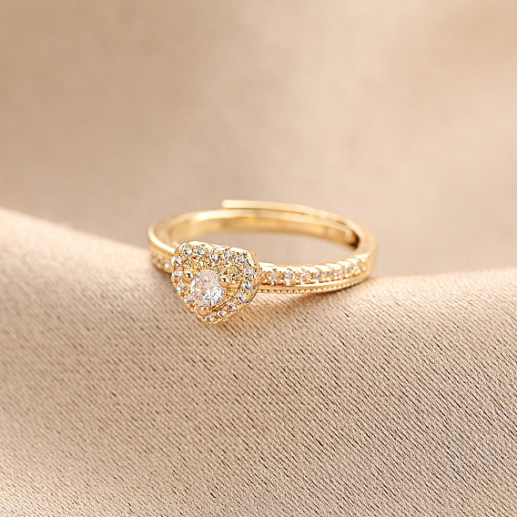 Регулируемые кольца из латуни с паве из кубического циркония для женщин, сердце