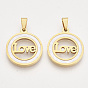 Valentine's Day Theme 201 Stainless Steel Pendants, with Shell and Random Size Snap on Bails, Flat Round with Word Love