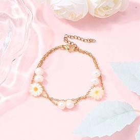 Многожильные браслеты-цепочки из латуни, браслеты из цветочных и картофельных звеньев для женщин, с натуральным культивированным пресноводным жемчугом и белым перламутровым ракушком