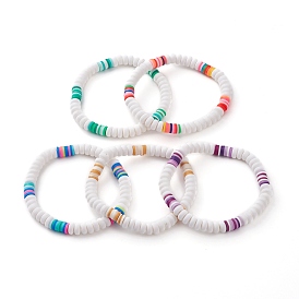 Handmade Polymer Clay Beaded Stretch Bracelets, Flat Round & Heishi Beads