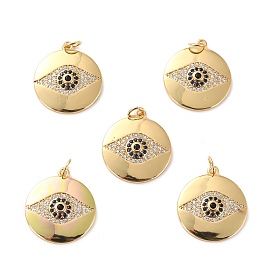 Brass Micro Pave Cubic Zirconia Pendants, Long-Lasting Plated, Cadmium Free & Lead Free, Flat Round with Eye