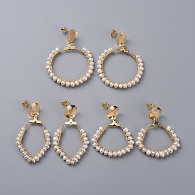 Свисающие серьги, с натуральной жемчужиной, медный провод, 304 подвески из нержавеющей стали, латунные серьги и гайки, кольцо и веер и ромб