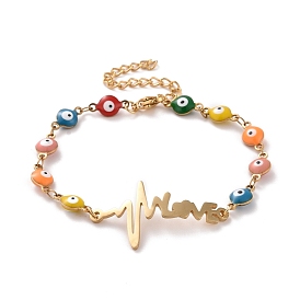 Vacuum Plating 304 Stainless Steel Heart Beat and Word Love Link Bracelet with Colorful Enamel Evil Eye Chains for Women