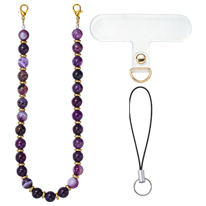 3 bracelets de téléphone en agate rubanée naturelle (pièces), ronde, avec un patch pour cordon de téléphone portable en TPU et des boucles de cordon