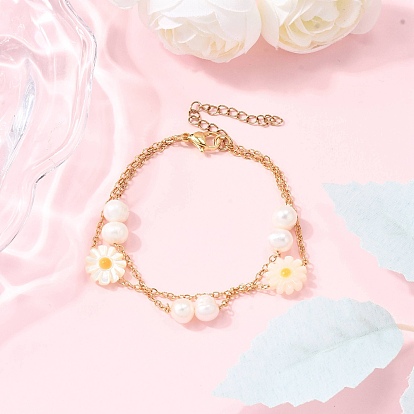 Многожильные браслеты-цепочки из латуни, браслеты из цветочных и картофельных звеньев для женщин, с натуральным культивированным пресноводным жемчугом и белым перламутровым ракушком