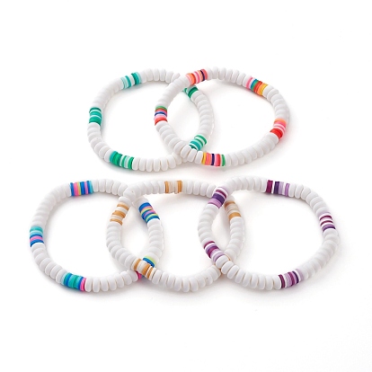 Bracelets extensibles faits à la main en pâte polymère, perles rondes et heishi plates